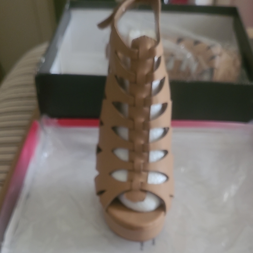 Tan Gladiator Heels with Chunky High Heel